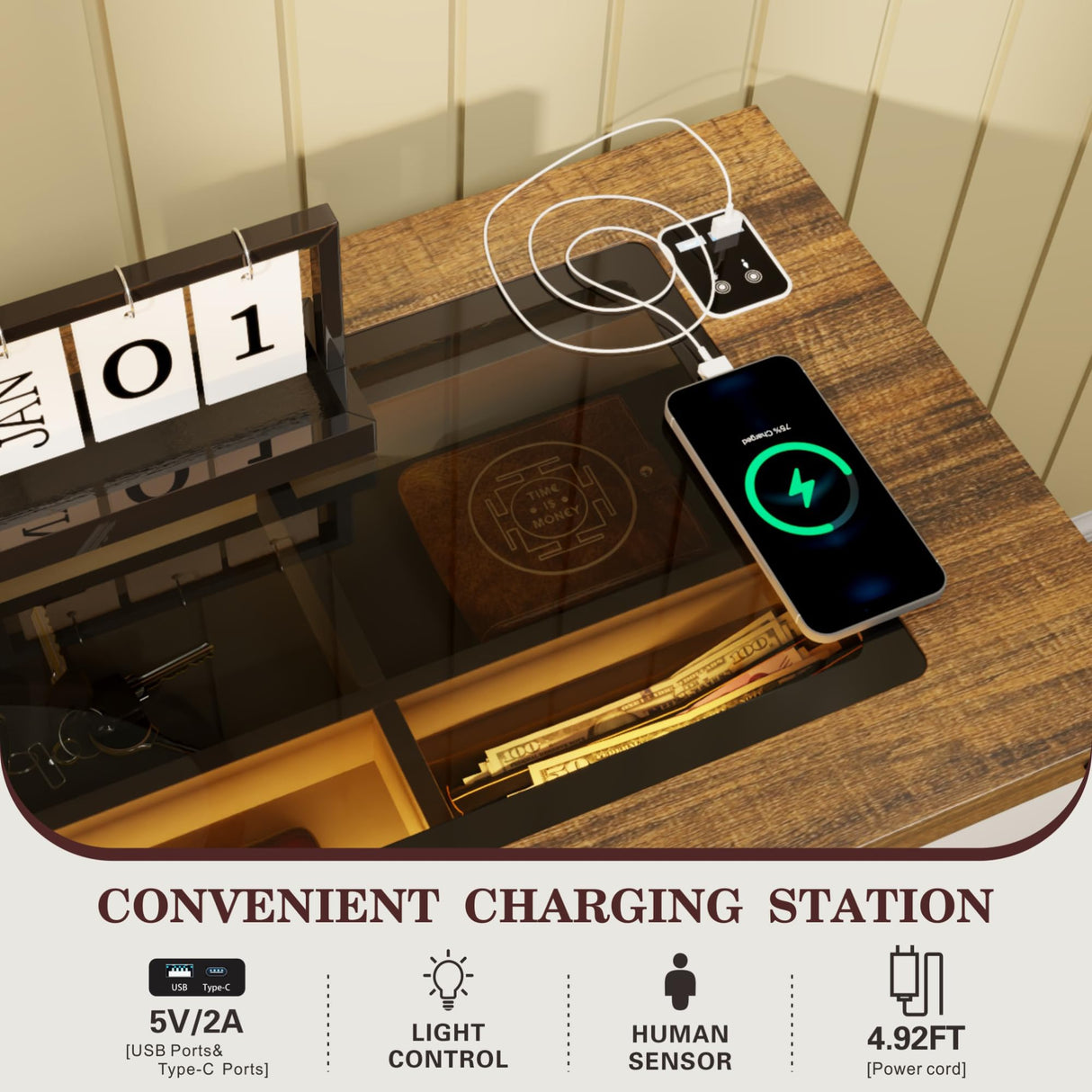 FREDEES Farmhouse Dresser for Bedroom with 8 Drawers, Wood Tall Chest of Drawers with LED Light/Charging Station/Human Sensor, Dressers Organizer for Closet, Living Room, Hallway, Antique White FREDEES