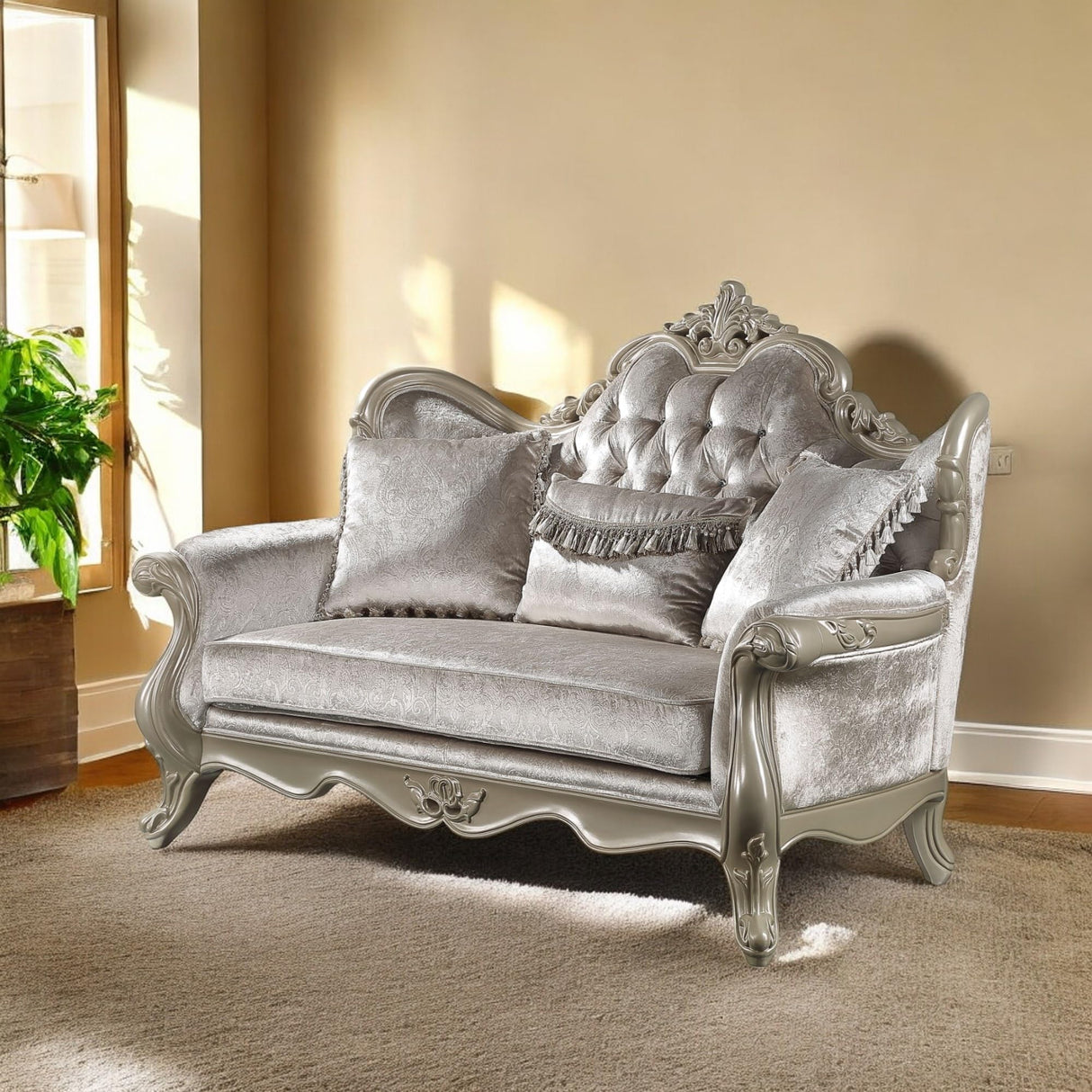Acme Libertee Upholstered Loveseat with 3 Pillows in Beige and Champagne Acme