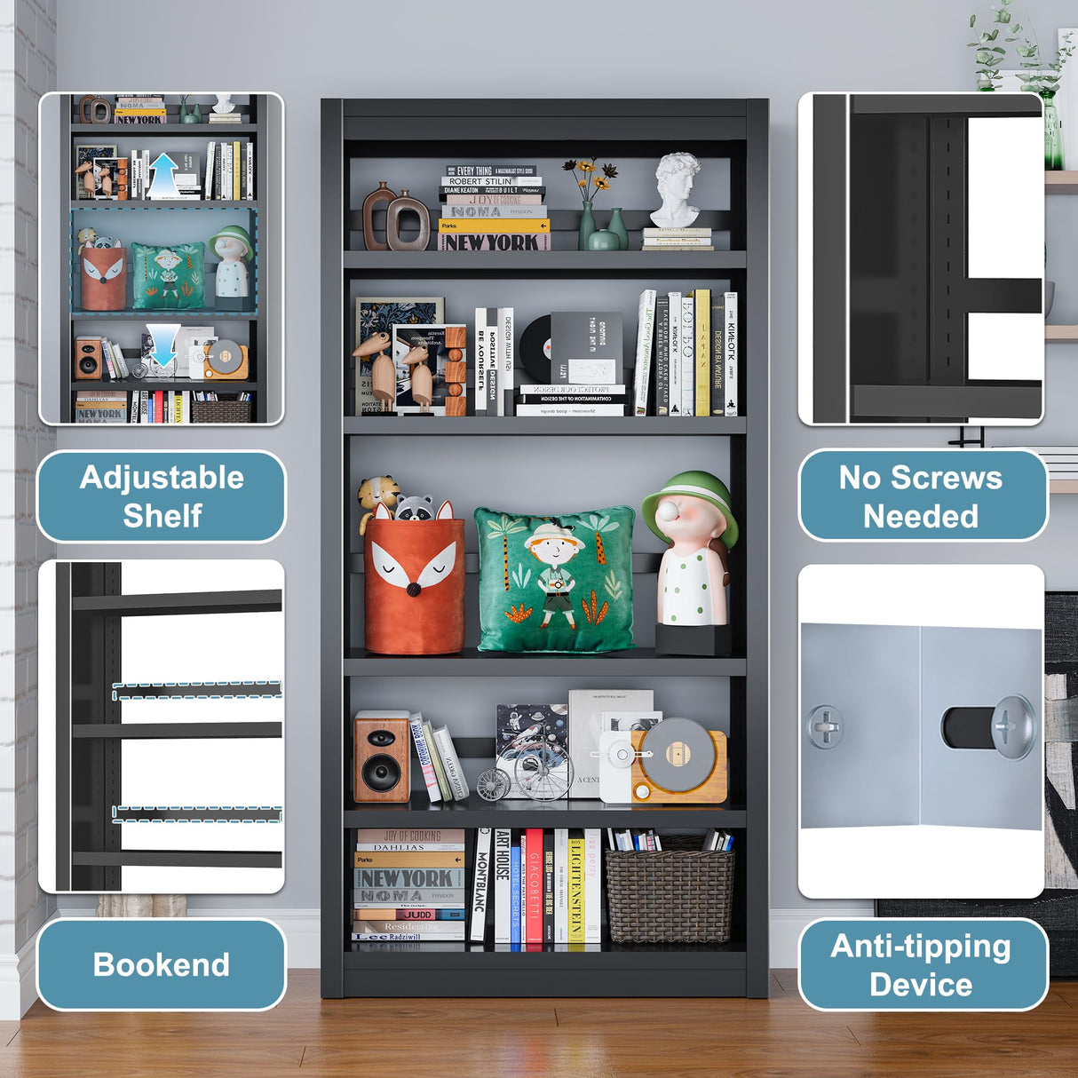 LyAosdFu Bookcase, 5-Shelf Industrial Bookshelf, Large Storage Space, Adjustable Bookshelves, Perfect for Living Room, Home Office, Garage, Ideal for Home Office Upgrade LyAosdFu