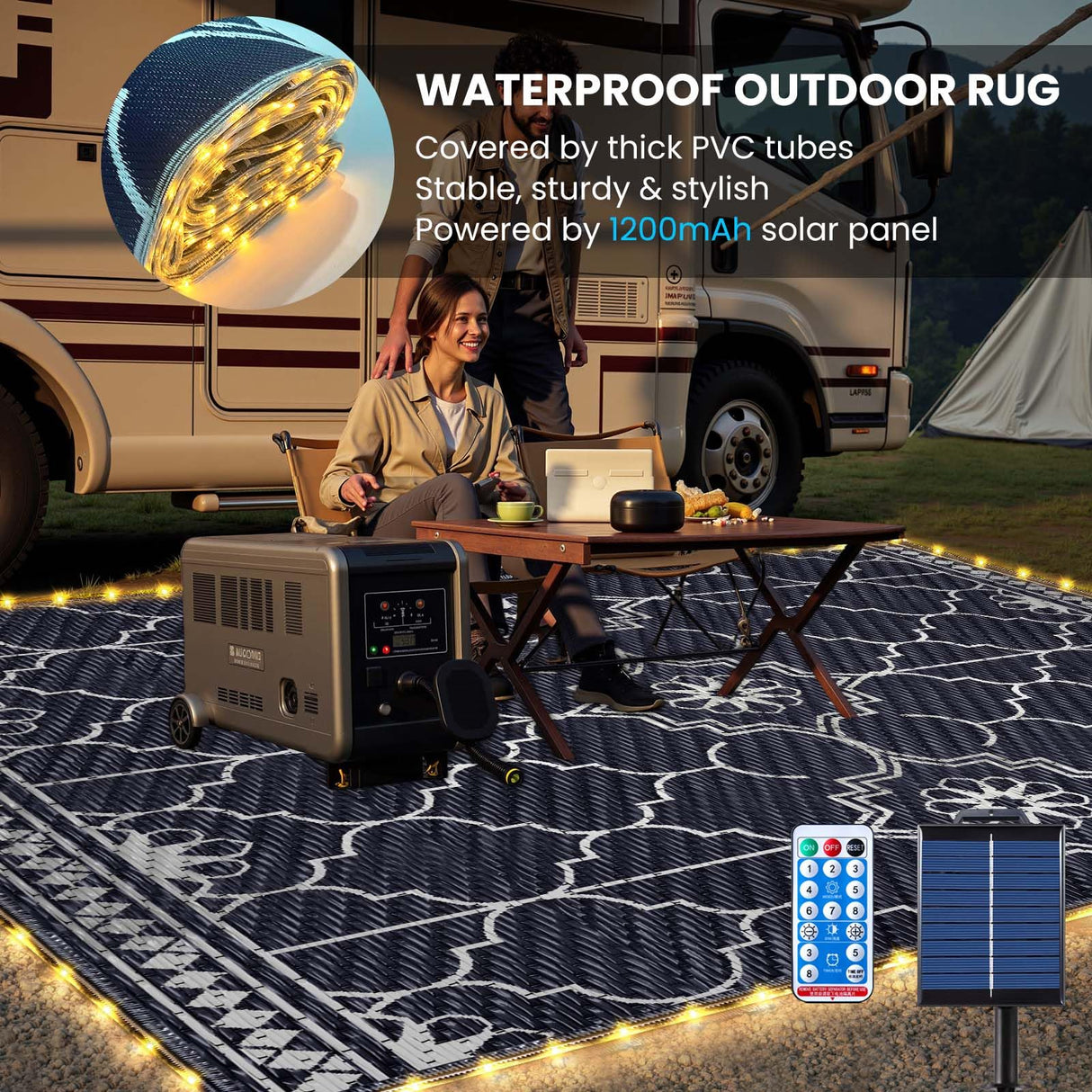 8x10Ft Outdoor Rug, Solar Powered Outdoor Rug with 113LEDs Strip Lights, Waterproof Plastic Reversible Outdoor Straw Rugs, Rugs Mat for House Deck RV Camping Patio Beach Balcony Picnic (Blue White) Capybland
