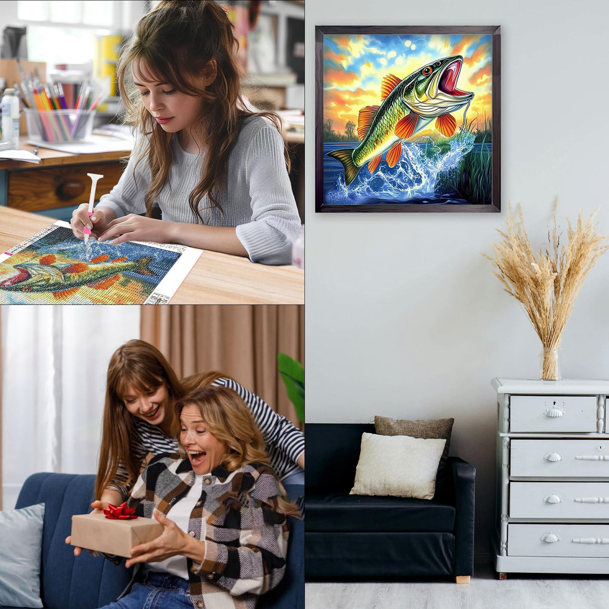 CEOVR Fishing Diamond Painting Kits, Fish Diamond Art Dots for Adult Beginner, 5D Full Drill DIY Landscape Crystal Gem Art, Adult Crafts Kits Arts and Crafts, Wall Decor for Home Office 12x12in CEOVR