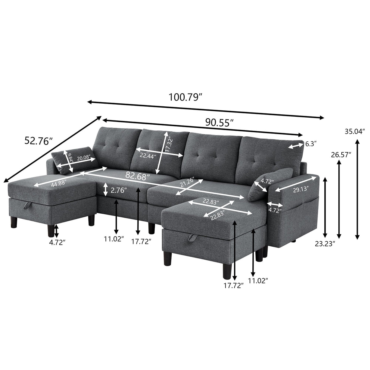 Portaforta Convertible Sectional Sofa Couch, 101" U Shaped Couch with Storage Chaise and Side Pocket, Modern Polyester 4-Seat Reversible Sofa Set for Living Room, Dark Grey Portaforta