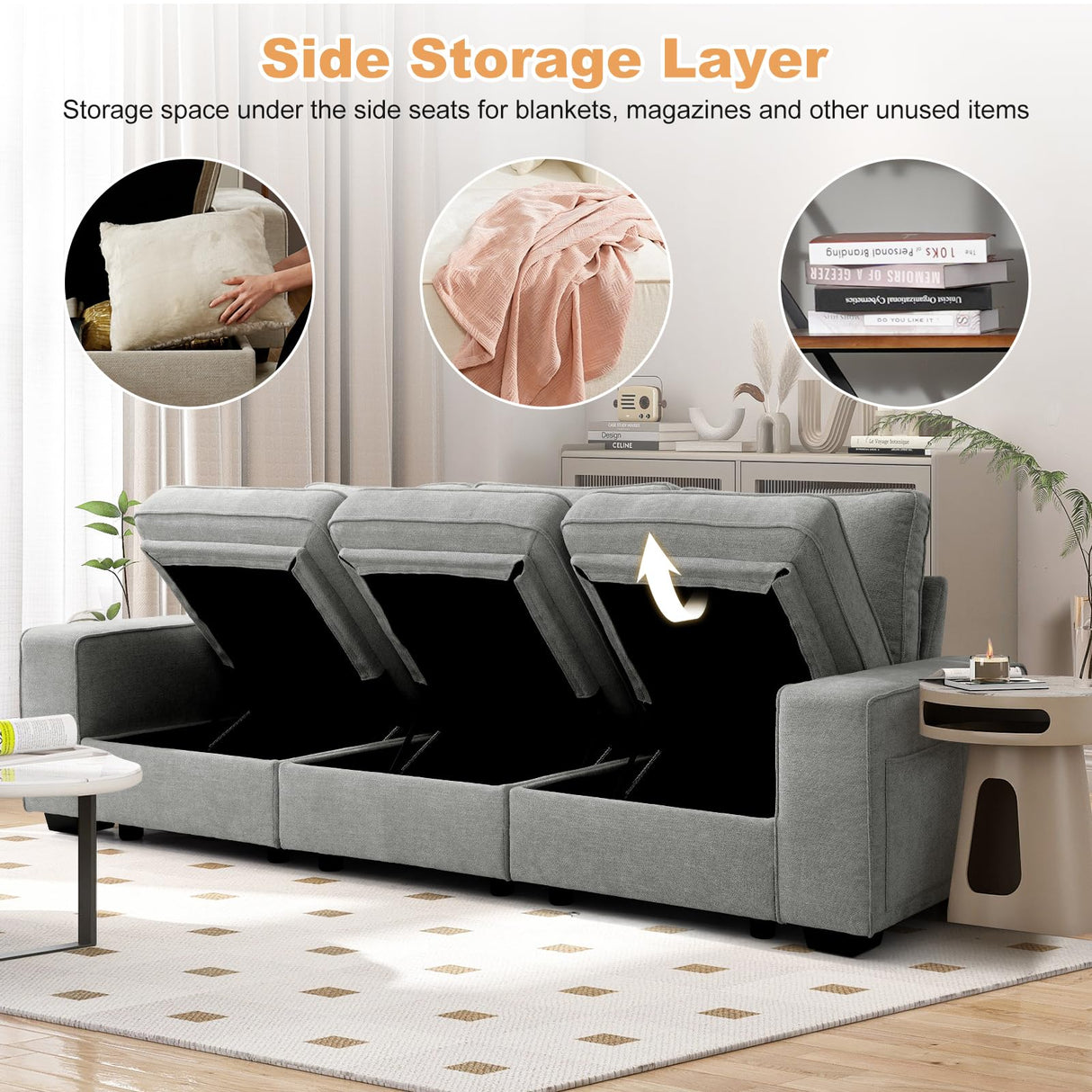 COOSLEEP 100" Sofa with Seats Storage, Comfy 3-Seater Chenille Fabric Couch for Living Room, Office, Apart W/Deep Seat, USB Charging, Upholstered Couch with Removable Cover (Light Grey) COOSLEEP HOME