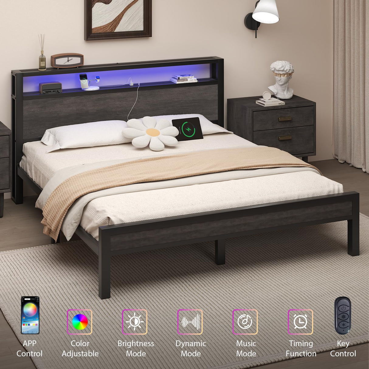 Full Size Bed Frame with Storage Headboard, Industrial Platform Bed with Charging Station and LED Lights, Heavy Duty Metal Slats, No Box Spring Need, Noise Free, Grey LOEWAY