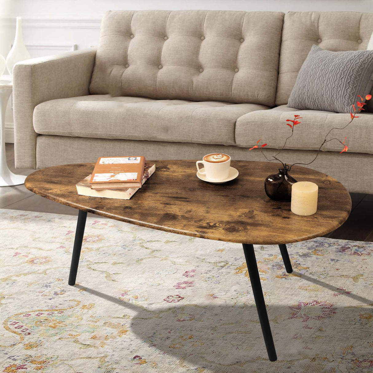 WDSHIYI Modern Coffee Table for Living Room Small Mid Century Coffee Tables Rustic Oval Coffee Tables Retro Accent Sofa Center Tables for Living Room Easy Assembly 22" D x 43" W x 18" H WDSHIYI