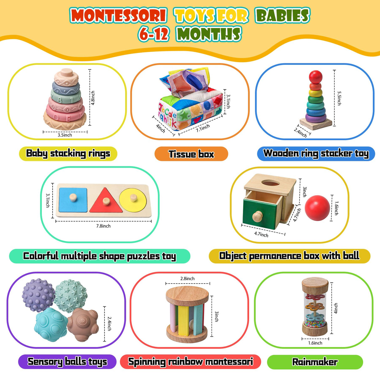 Montessori Toys for Babies 6-12 Months,1 Year Old,8 in 1 Learning Educational Set Wooden Sensory Toys for Baby Toys 12-18 Months (Includes Tissue Box Toy,Rainmaker and More) Tooysea