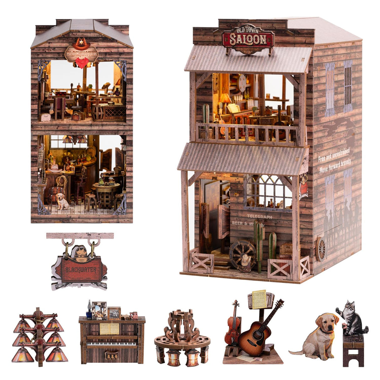 Wondyland Book Nook Kit - DIY Miniature House & Dollhouse Alley Model Kit, Puzzle Bookshelf Library Decor with LED Light, Craft Gift for Adults, Teens, and Family(Old Town Saloon) Wondyland