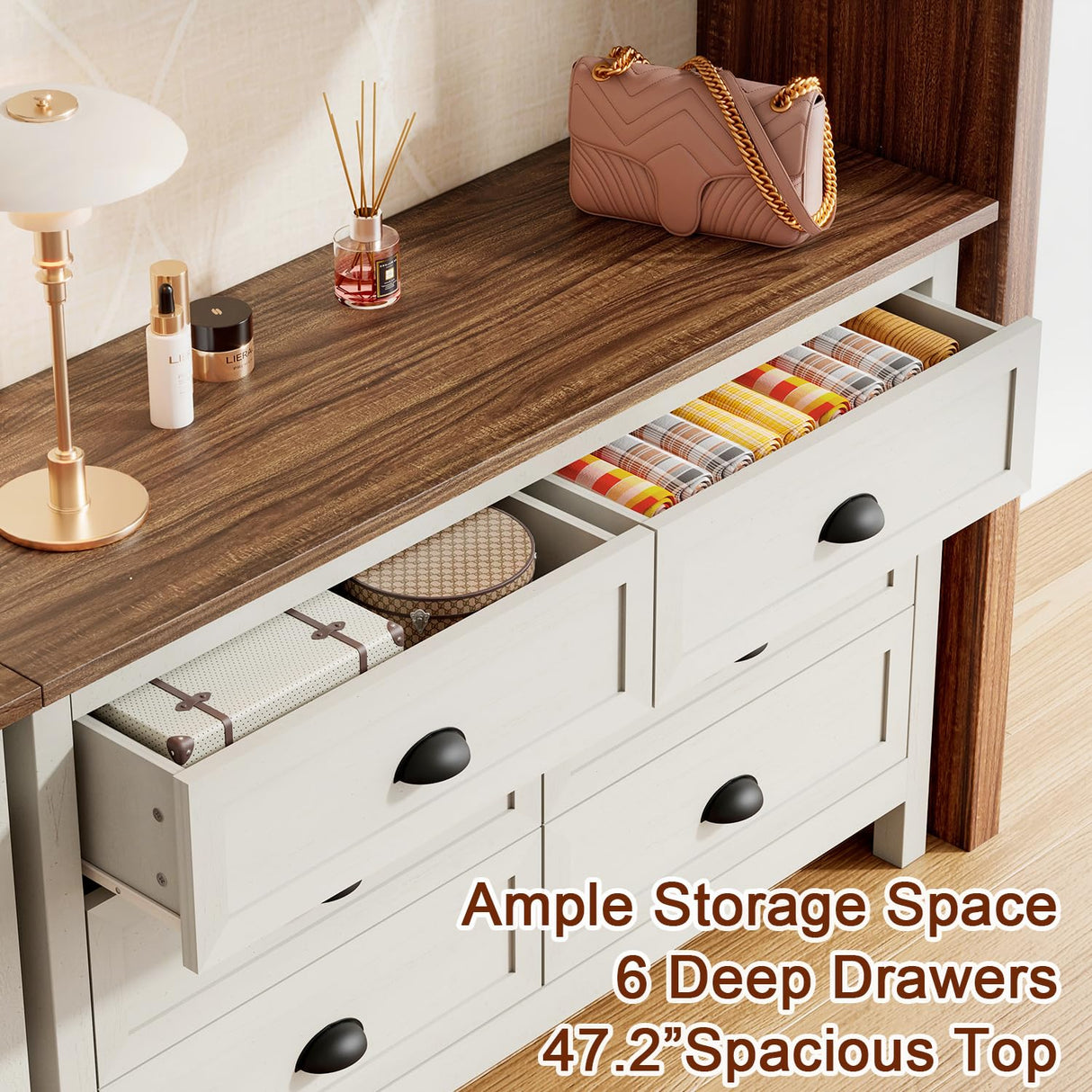 Wananlanen Farmhouse Dresser for Bedroom, Antique Double 6 Drawer Dresser & Chest of Drawer with Metal Handle and Storage, Wood Rustic Dresser Organizer for Living Room(Antique White) Wananlanen