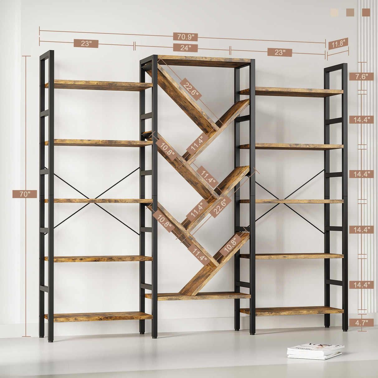 INNOD 70x70" Triple 5 Tier Book Shelf, Large Wooden Bookcase with 17 Open Display Shelf, Modern Tree Bookshelf Metal Frame Tall Book Case Furniture for Living Room Bedroom Home Office Rustic Brown INNOD