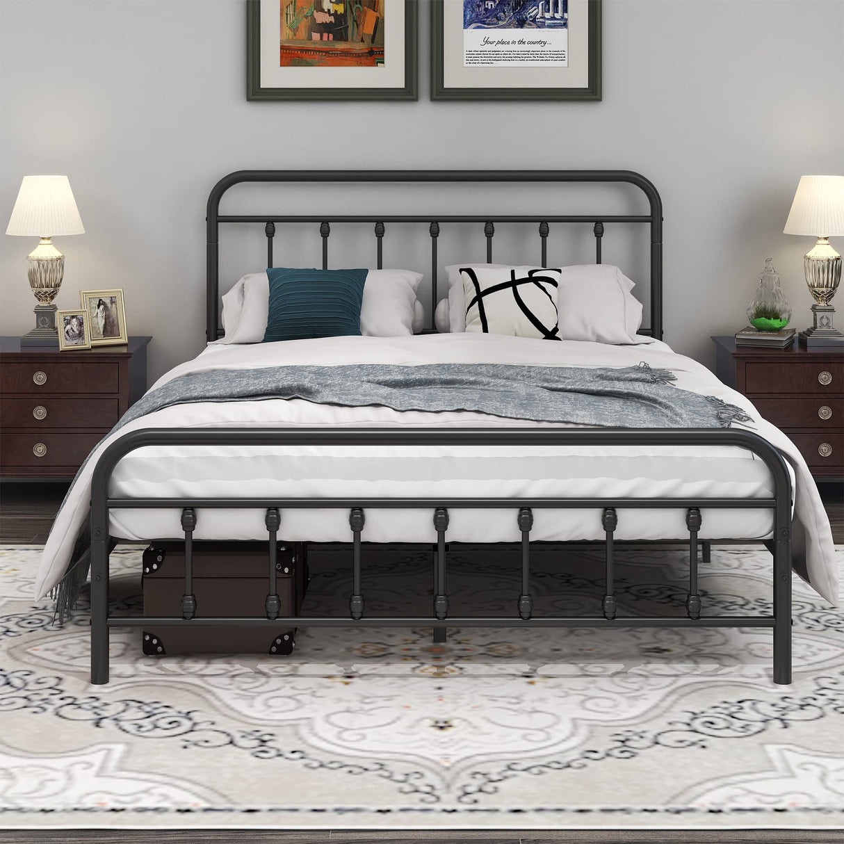 DUMEE Textured Black Metal Queen Bed Frame with Vintage Headboard & Footboard, No Box Spring Needed DUMEE