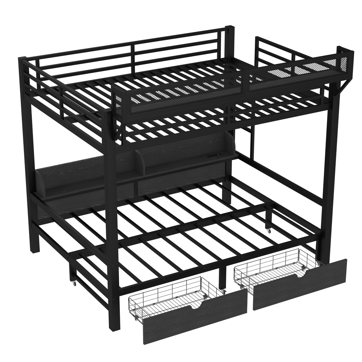 Queen over Queen Bunk Bed with Storage Drawers and Shelves, Metal Bunk Beds with USB Ports and LED Lights, Lower Bed that can be converted into a sofa for Bed Room,Guest Room,Dormitory.(Black) Harper & Bright Designs