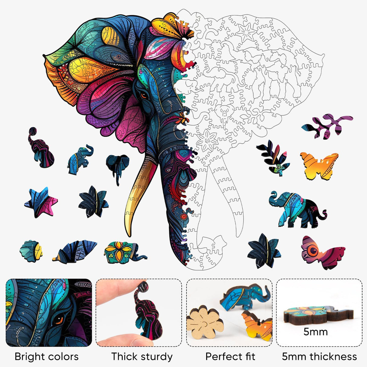 Ruikiyart Wooden Puzzles for Adults Mandala Elephant Jigsaw Puzzles 200Pcs Unique Shapes Colorful Animal Puzzles Fabulous Gift for Kids and Adults on Birthday,Thanksgiving,Christmas 11.8x12.8 Inches Ruikiyart