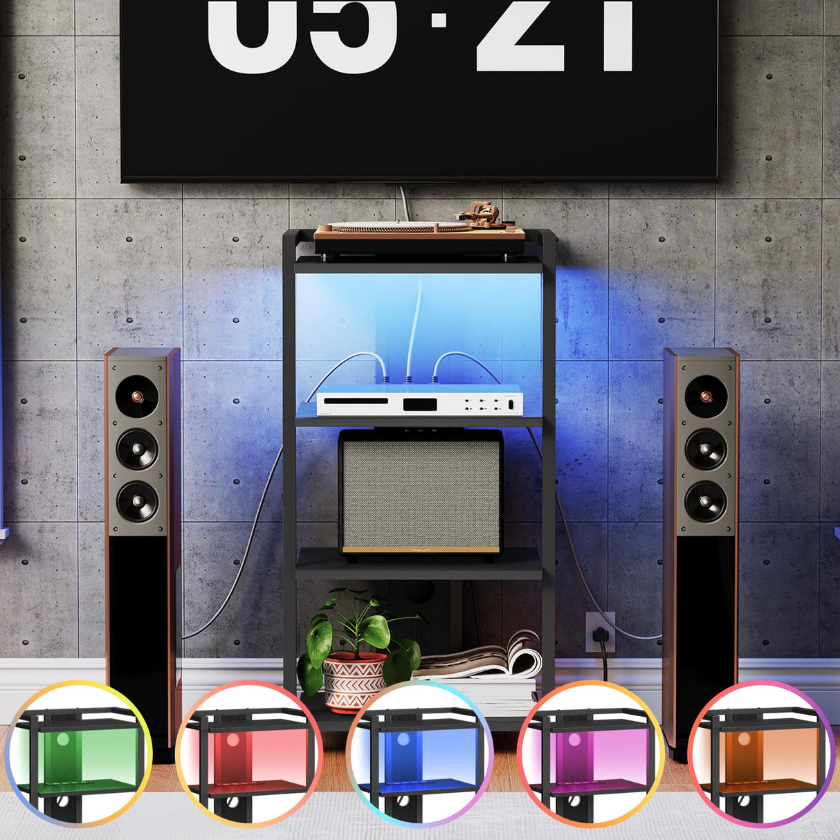 HOOBRO 4-Tier AV Media Console With Charging Station and LED Light, Wooden Stereo Cabinet, Corner TV Stand, Record Player, Entertainment Device, Black BB38UDCJ01 HOOBRO