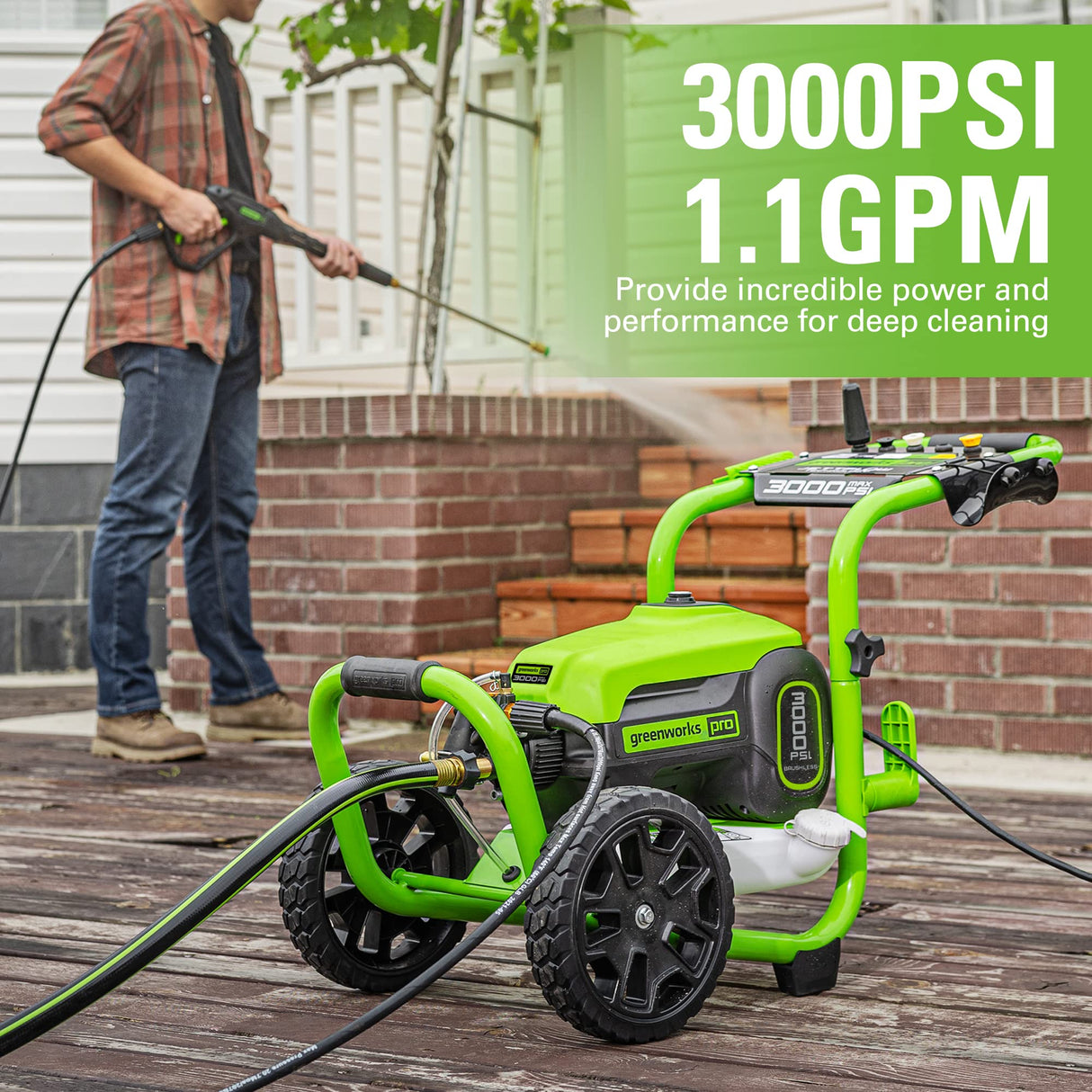 Greenworks Pro Brushless 3000 PSI (CSA Certified) 2.0 GPM Max / 1.1 GPM Electric Pressure Washer (Rugged Steel Frame, 25 FT Hose, 35 FT GFCI Power Cord) Greenworks