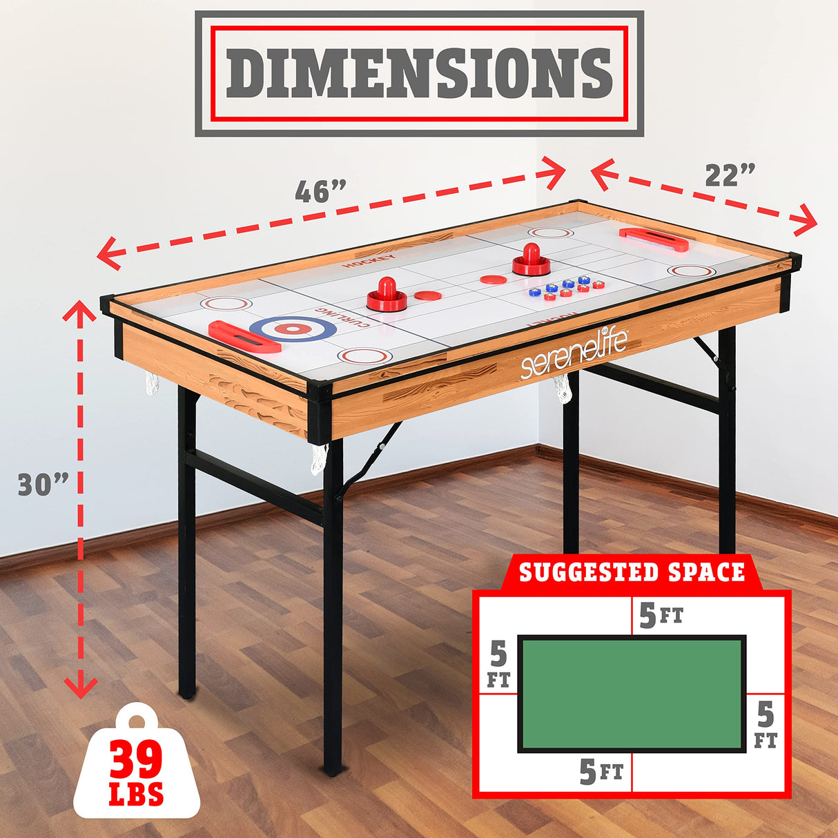SereneLife 4 in 1 Multi Game Table, 4’x2’ Folding Portable Sports Arcade Games with Accessories, Ping Pong, Air Hockey, Pool Billiards, and Shuffleboard, for Indoor, Outdoor, All Ages SereneLife
