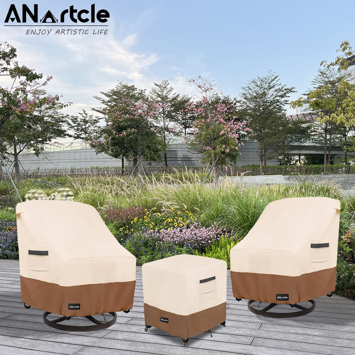 ANartcle 3 Pieces Patio Bistro Sets Cover,600D Waterproof Heavy Duty Patio Furniture Covers,Includes 2 Outdoor Swivel Chair Covers and 1 Patio Wicker Side Table Cover(Beige&Brown) ANartcle