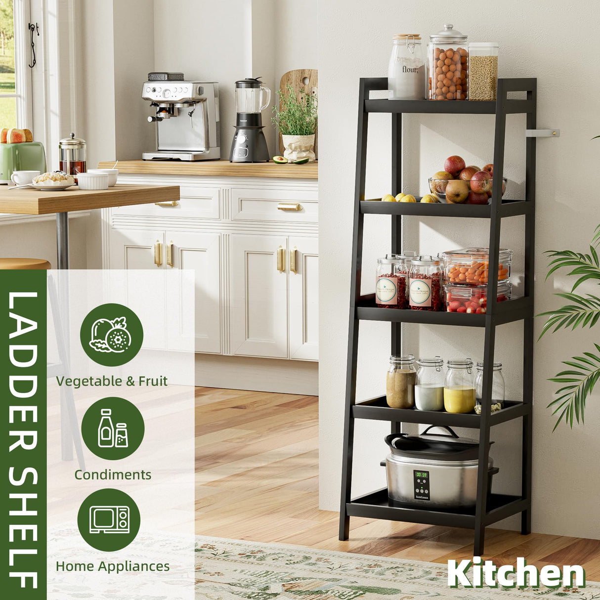 vovala Bookshelf, 5 Tier Ladder Bookcase with Bamboo Frame, Freestanding Tall Narrow Display Plant Shelf for Living Room, Kitchen, Bedroom, Balcony, Black vovala