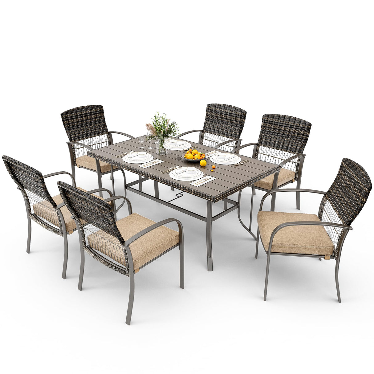 Pamapic 8504 Patio Dining 7 Piece, Outdoor Wicker Furniture Set for Backyard Garden Deck Poolside/Iron Slats Table Top, Removable Cushions, 7 Pack, Beige Pamapic