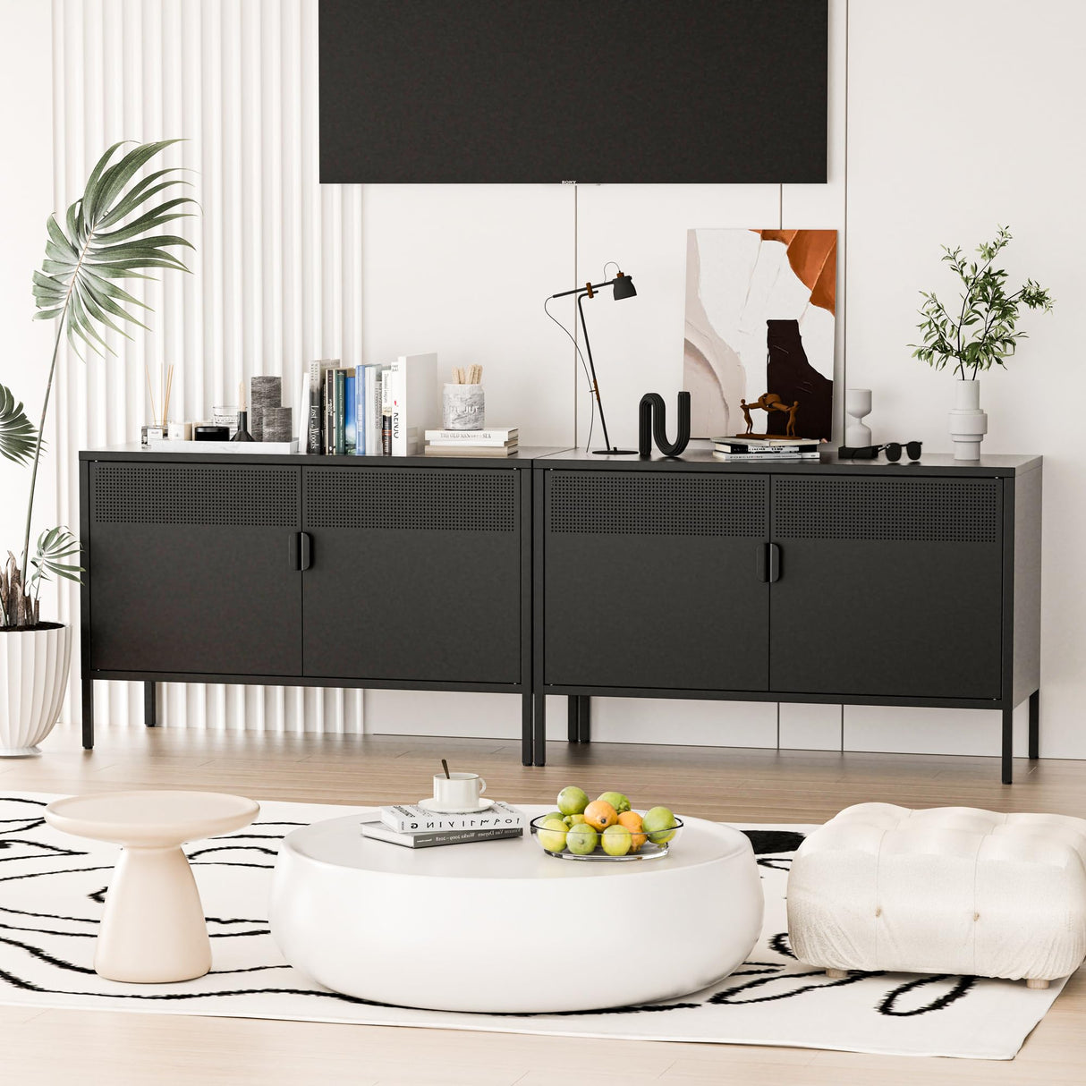 Washsemba 2 Door Storage Sideboard, Metal Storage Cabinet with 2 Adjustable Shelf,Multipurpose Metal Accent Cabinet for Office Home,Music Studio (Black, 25''H) Washsemba