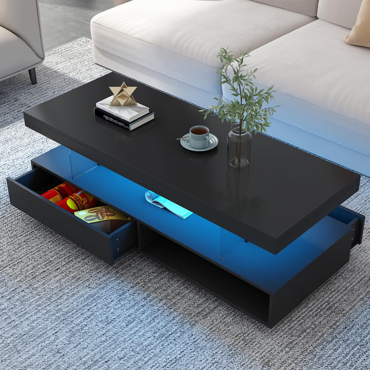 Modern LED Coffee Table with Storage, High Gloss Cocktail Center Table with Drawers, Display Shelves & LED Lights for Living Room, 51.2’’, Black Amposei
