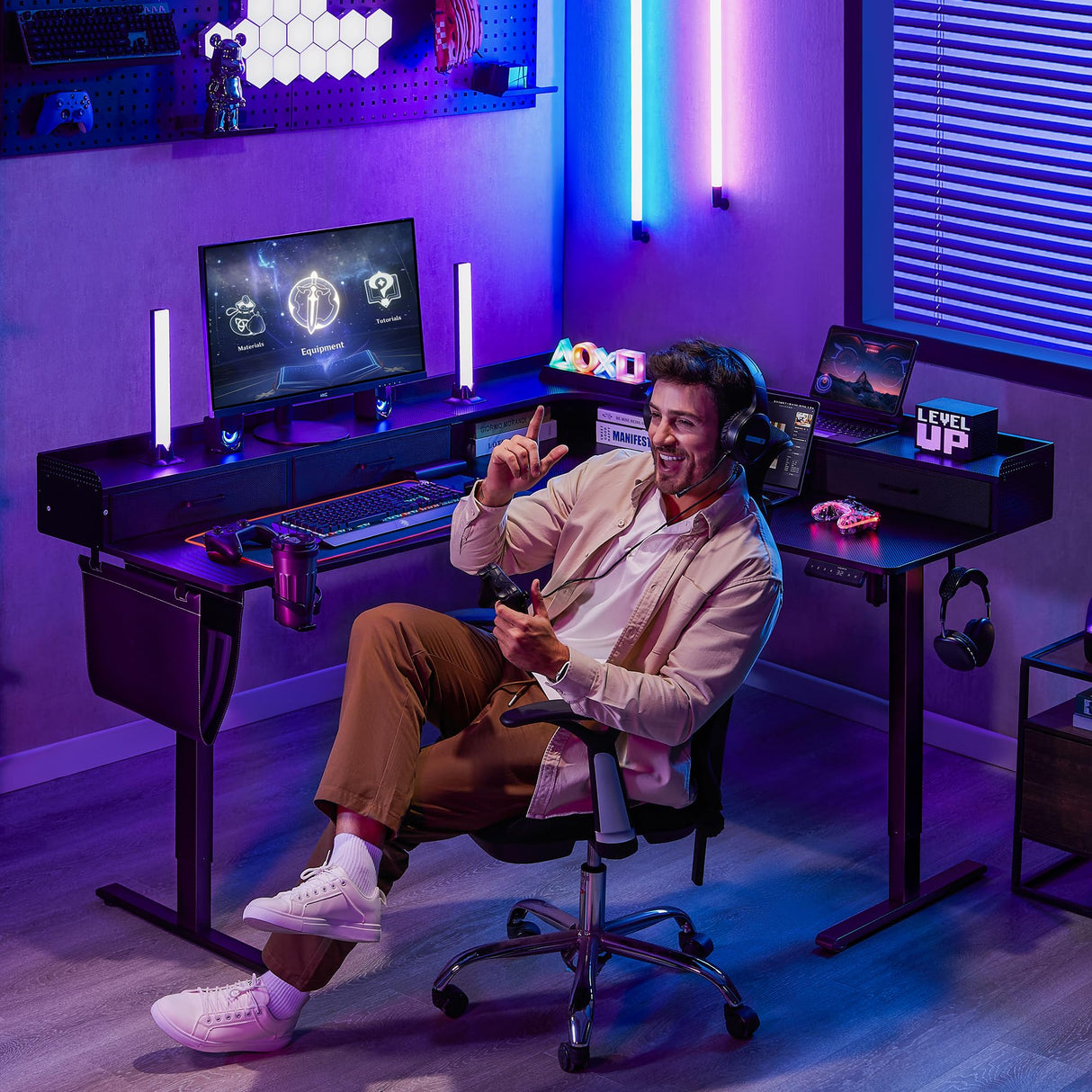 WALKINGDESK 63 Inches Height Adjustable L Shaped Standing Desk with 3 Drawers and Monitor Shelf, Electric Corner Comupter Desk, Sit Stand up Home Office Desk, Ergonomic Gaming Desk, Black WALKINGDESK