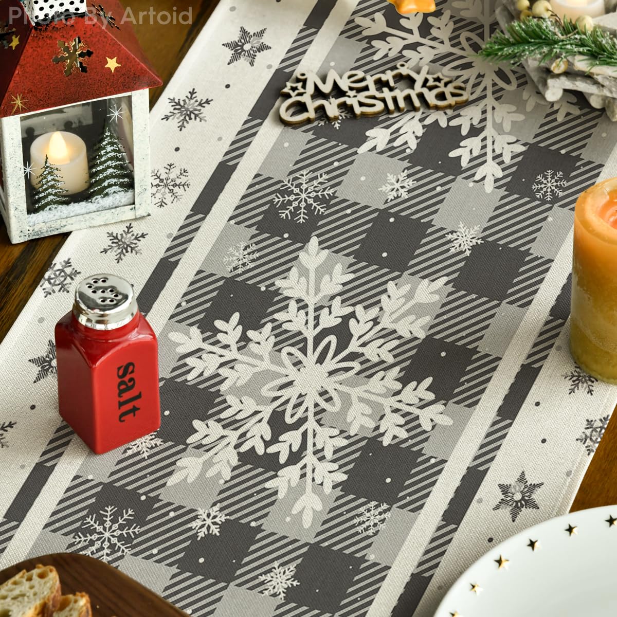 Artoid Mode Grey Buffalo Plaid Snowflakes Christmas Table Runner, Seasonal Winter Kitchen Dining Table Decoration for Home Party Decor 13x72 Inch Artoid Mode