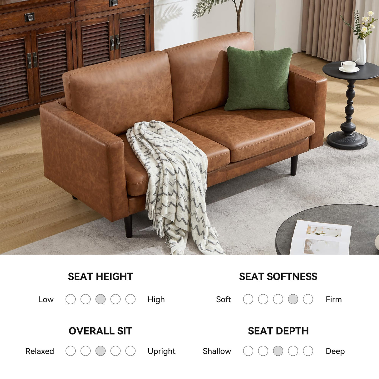 Kingfun 65" Loveseat Sofa, Faux Leather Love Seat Couch, Mid Century Modern Couch with Solid Wooden Frame for Living Room & Bedroom in Small Spaces, Brown Kingfun