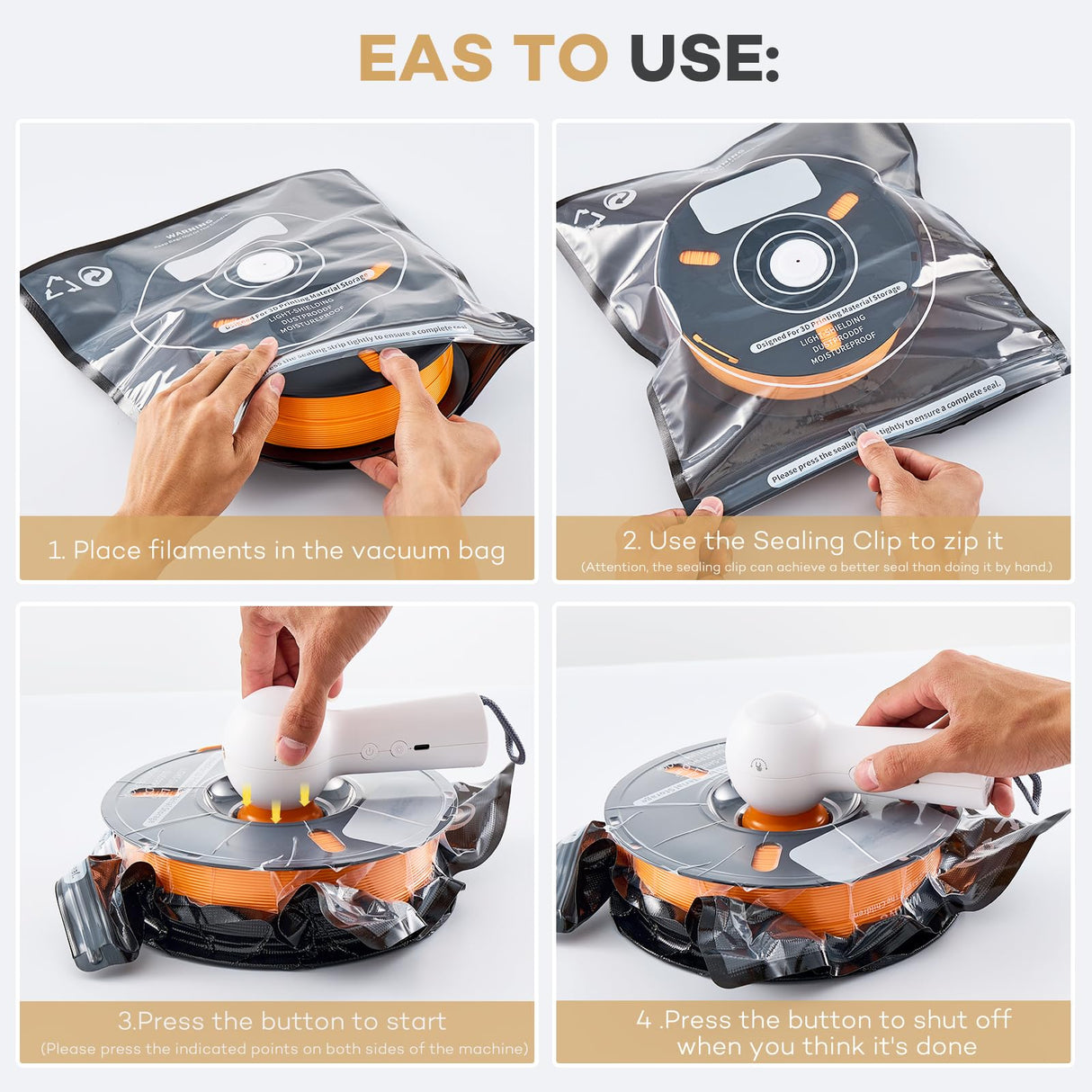 Filament Storage Bags Kit with Electric Vacuum Pump - Rechargeable, 20 Pcs Light-Proof Vacuum Sealed Bags for 3D Filament with 4 Clips, Spool Sealing for Keeping Filament Dry and Clean (13.4*12.6in) AJKJ