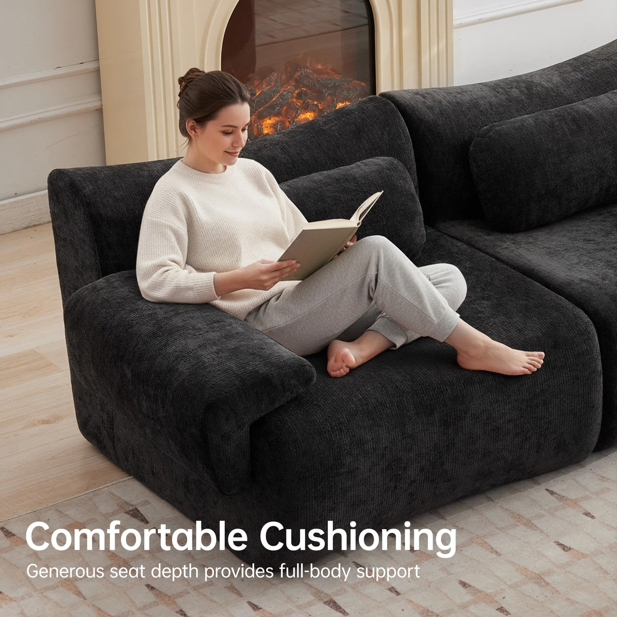 MAXMXX 117”L Shaped Modern Sofa Modular Sectional Cloud Couch with Ottoman,Oversized Boneless Sofa,3+1 Seater Chenille Deep-Seat Sofa with 3 Pillows,Suitable for Living Room or Bedroom (Black) MAXMXX