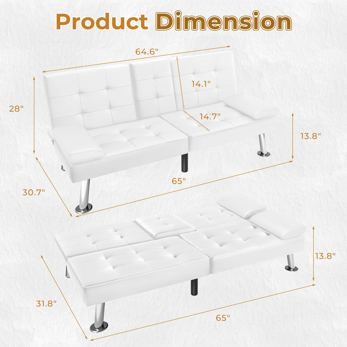 VICTONE Futon Sofa Bed Modern Faux Leather Couch Bed Convertible Folding Recliner for Living Room with 2 Cup Holders and Armrest (White) VICTONE