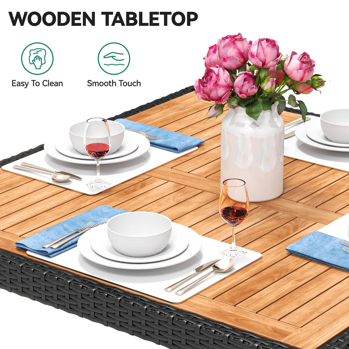 YITAHOME 5-Piece Patio Dining Set, Outdoor Wicker Conversation Furniture with Wooden Tabletop and Cushions, Wicker Square Dining Sets for Lawn Garden Backyard Deck YITAHOME