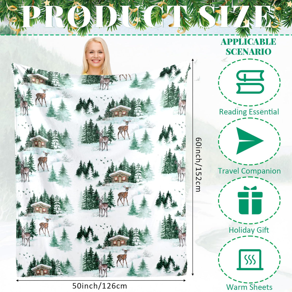 Breling Christmas Throw Flannel Blanket Winter Elk Cozy Fuzzy Warm Throw Blanket with Holiday Themed Print Christmas Gift for Winter Couch Sofa Bed Home Decor 60"x50" Breling