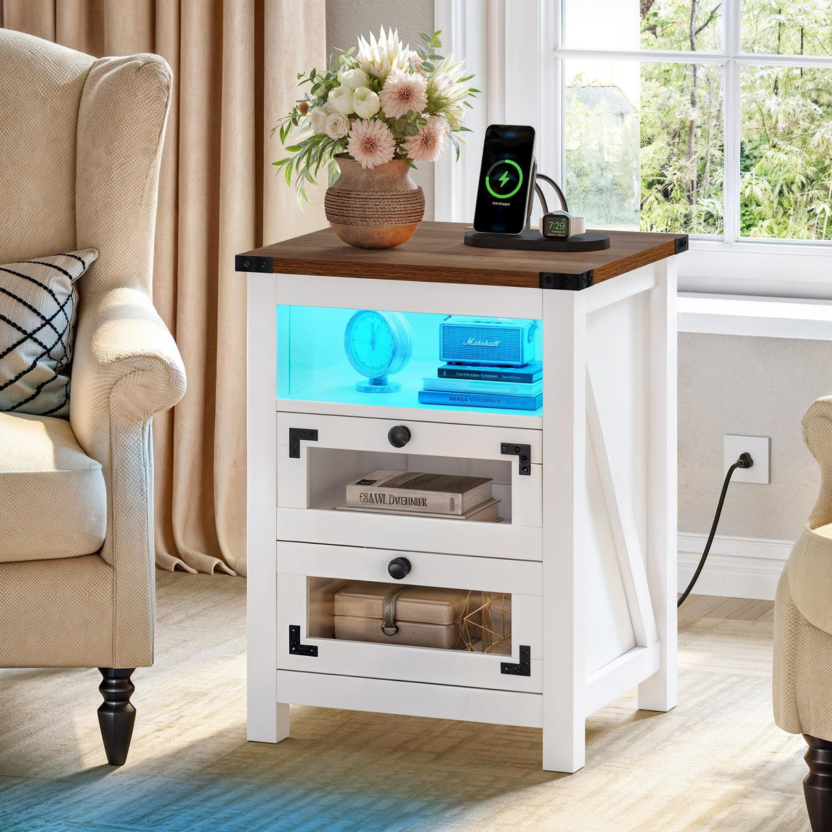 YITAHOME Farmhouse Nightstand with Charging Station, 2 Drawers Night Stand with LED Lights, Wood End Table Side Table with Storage, Walnu + White YITAHOME