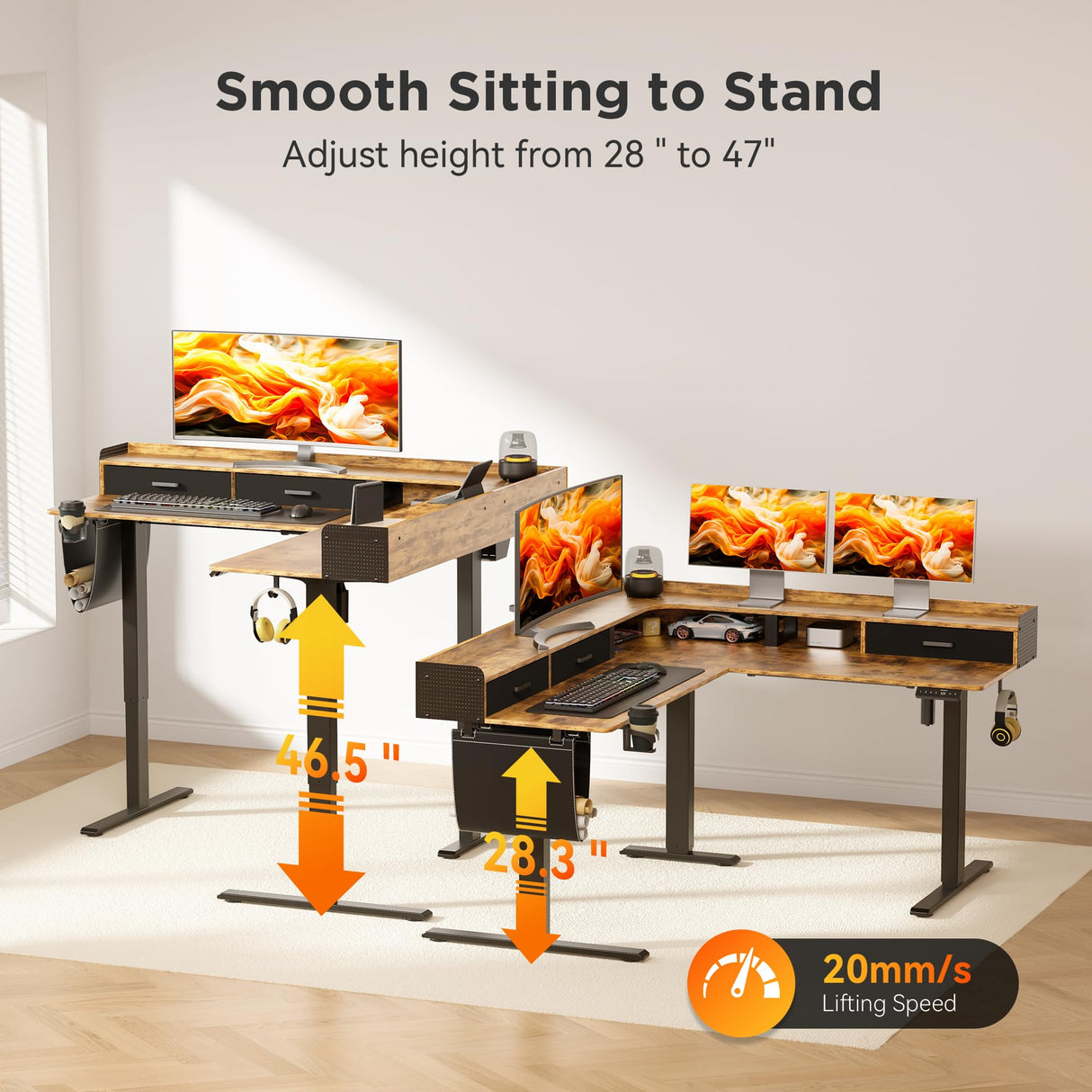 WALKINGDESK 63 Inches Height Adjustable L Shaped Standing Desk with 3 Drawers and Monitor Shelf, Electric Corner Comupter Desk, Sit Stand up Home Office Desk, Ergonomic Gaming Desk, Rustic Brown WALKINGDESK