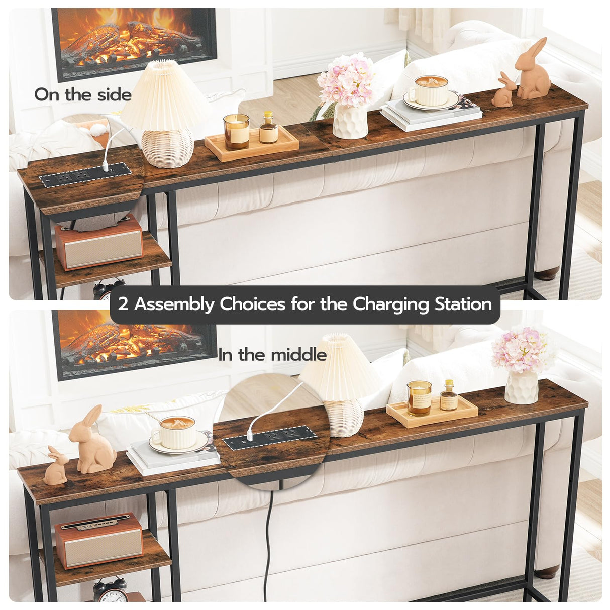 HOOBRO Rustic Brown and Black Console Table with Power Outlet and Shelves, 63" Multifunctional Sofa Table for Home Office and Entryway HOOBRO