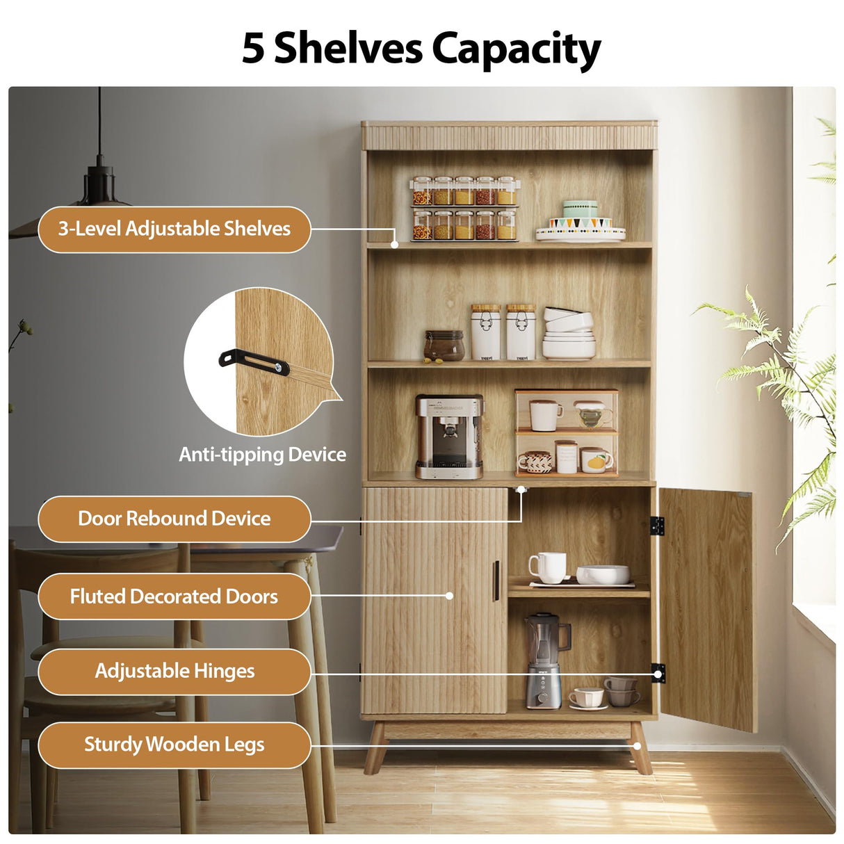 68" Fluted Tall Bookcase with Storage Cabinet,Mid-Century Modern 5-Tiers Arched Bookshelf Cabinet with Doors,Arched Bookcase with Open Display Storage Shelf for Home Office Bedroom Living Room,Natural XUZENEST