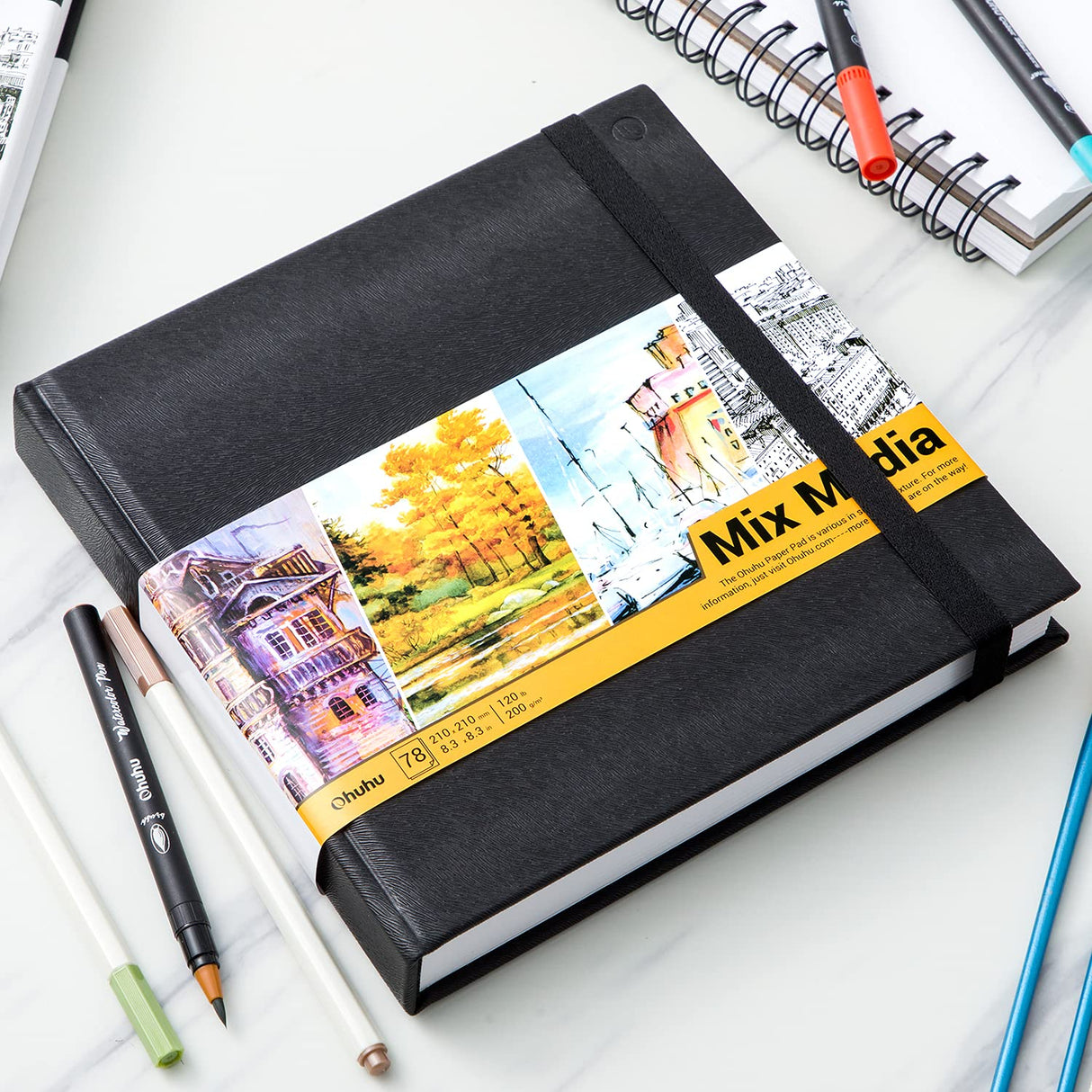 Ohuhu Mix Media Pad - 8.3"x8.3" Mixed Media Art Sketchbook, 120 lb/200 GSM Heavyweight Papers, 78 Sheets/156 Pages, PU Hardcover Mixed Media Paper Pad for Acrylic Painting Christmas Gift Ohuhu