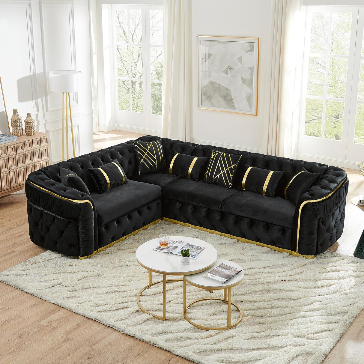 110.5" Luxury Velvet L Shape Chesterfield Sofa Set with Glod Metal Accents, Oversize Victorian Curved Arm Sofa Sectional Couches for Living Room with 7 Pillows, Left Chaise, Black WIN FORCE
