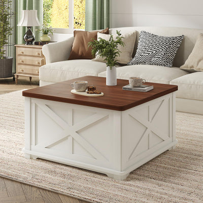 Airynee Farmhouse Coffee Table, 31.5" Lift Top Coffee Table with Storage, Square Coffee Tables for Living Room, Wooden Coffee Tables with Brown Flip-Top Lids for Home Office, White