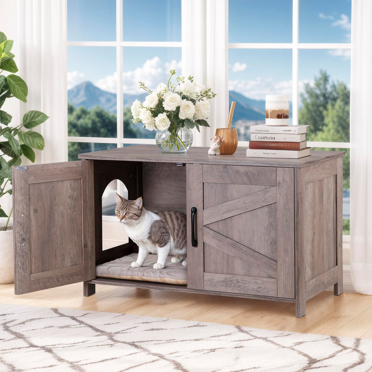 ZENY Cat Litter Box Enclosure, Litter Box Furniture Hidden, Wooden Litter Cabinet with Divider, Farmhouse Style Cat Washroom Storage Bench,Fit Most of Litter Box, Greige ZENY