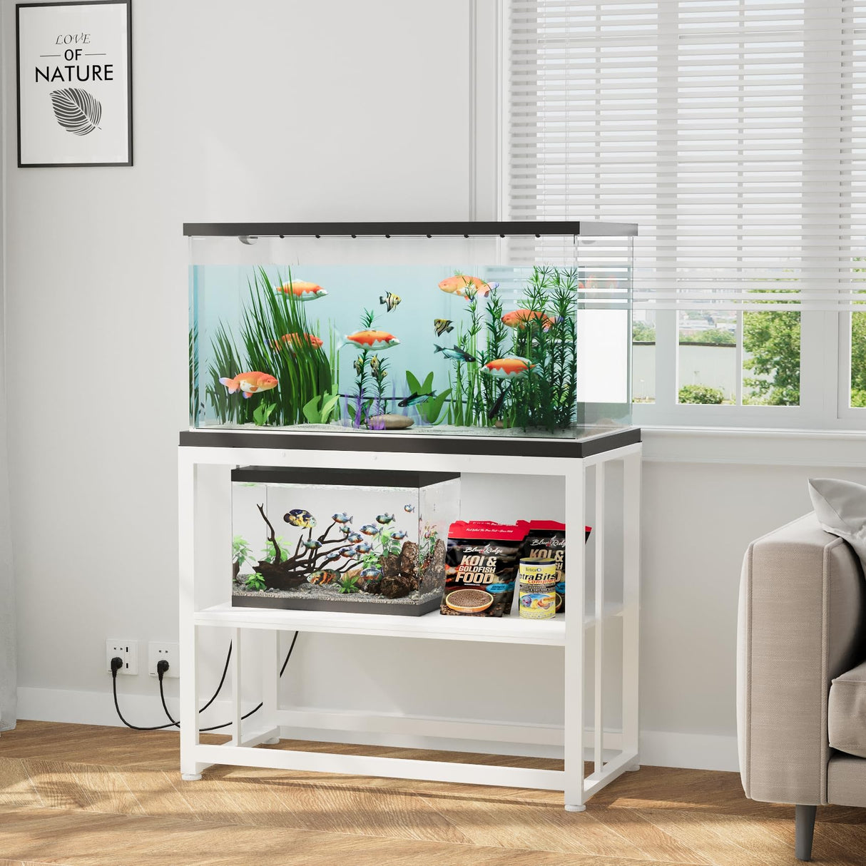 VOWNER 40-50 Gallon Fish Tank Stand - Metal Aquarium Stand, 36.6" x 18.5" x 29.5" Heavy Duty Reptile Tank Stand, Adjustable 2-Tier Fish Tank Rack Shelf for Home Office, Tank not Included, White VOWNER