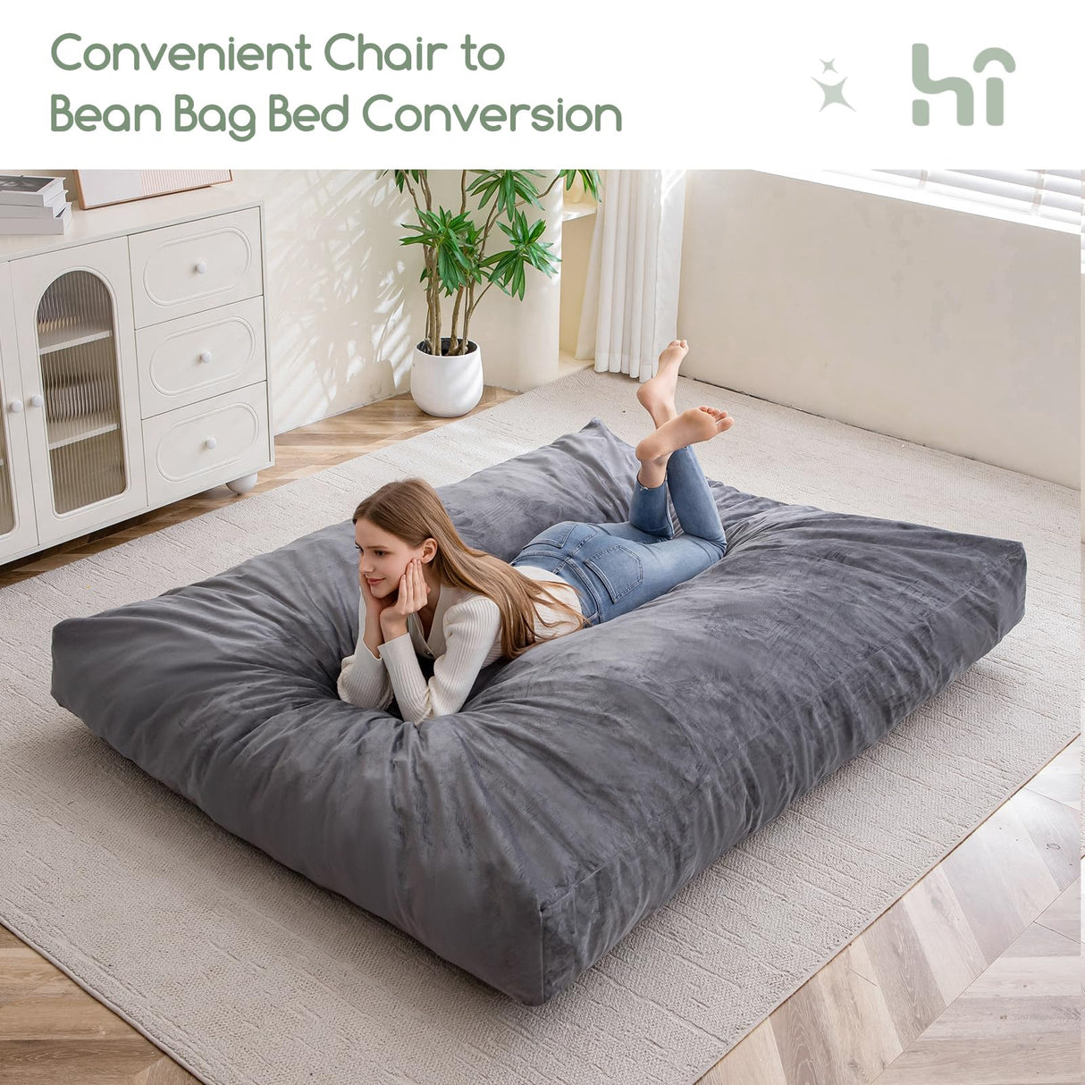 HIGOGOGO Giant Bean Bag Chair Bed for Adults,Convertible Beanbag Folds from Lazy Chair to Floor Mattress Bed,Large Floor Sofa Couch for Adult,Couples,Family,High-Density Foam Filling, Machine Washable HIGOGOGO