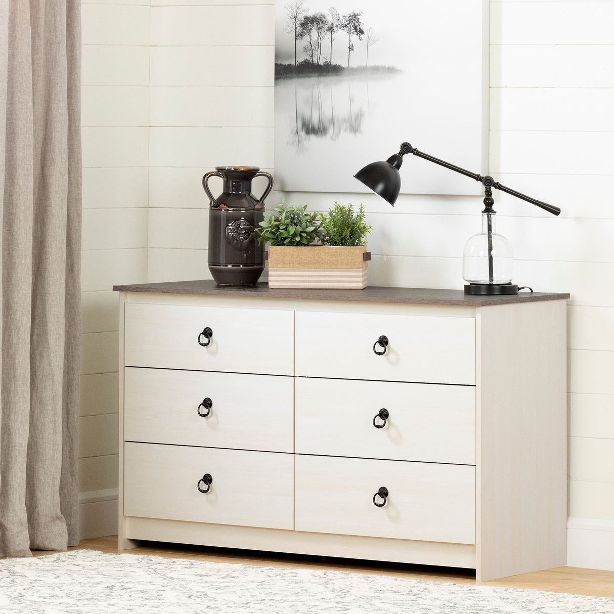 South Shore Plenny 6-Drawer Double Dresser White Wash and Weathered Oak South Shore