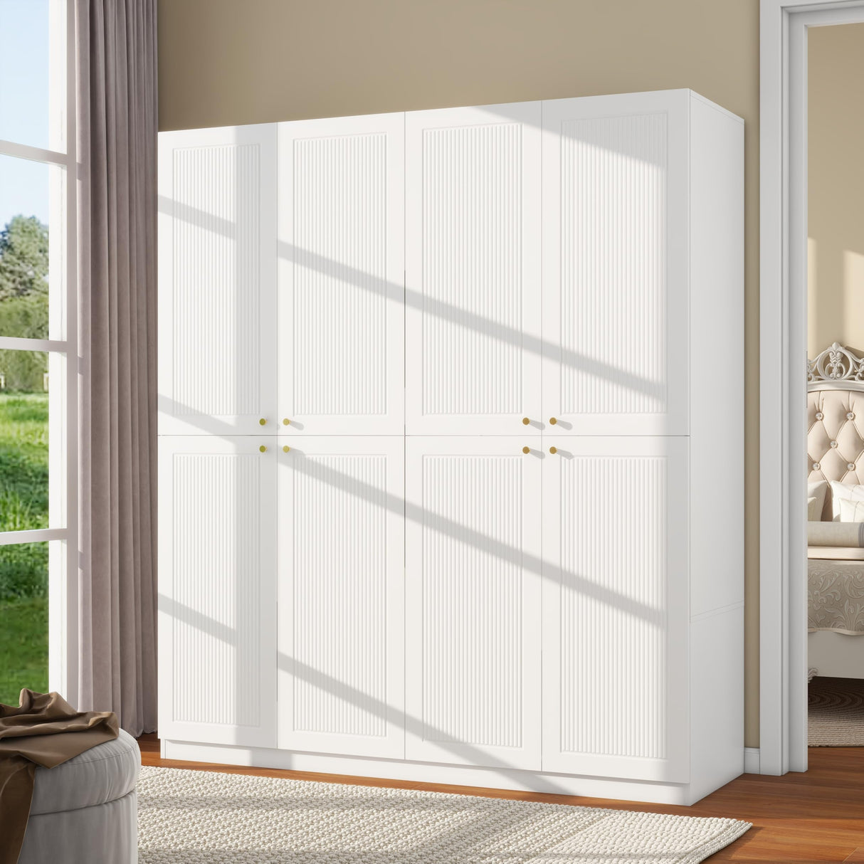 LABROSKIA White Wardrobe Closet with Grooved 4 Doors, Bedroom Armoire with Shelves, Wooden Wardrobe Closet Cabinet for Hanging Rod Clothes, Wardrobe Storage Closet (White) LABROSKIA