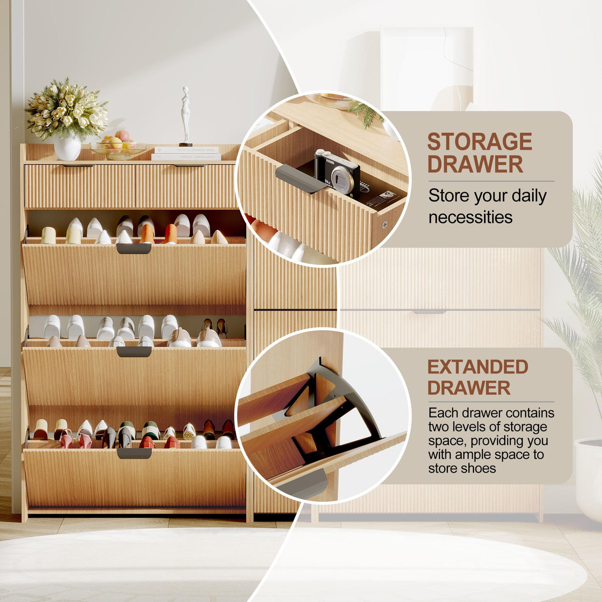 IDEALHOUSE Modern Natural Shoe Cabinet with 3 Flip Drawers & 2 Small Drawers & Hook, Slim Fluted Shoe Storage Organizer, Narrow Entryway Cabinet for Apartment, Hallway, Entrance IDEALHOUSE