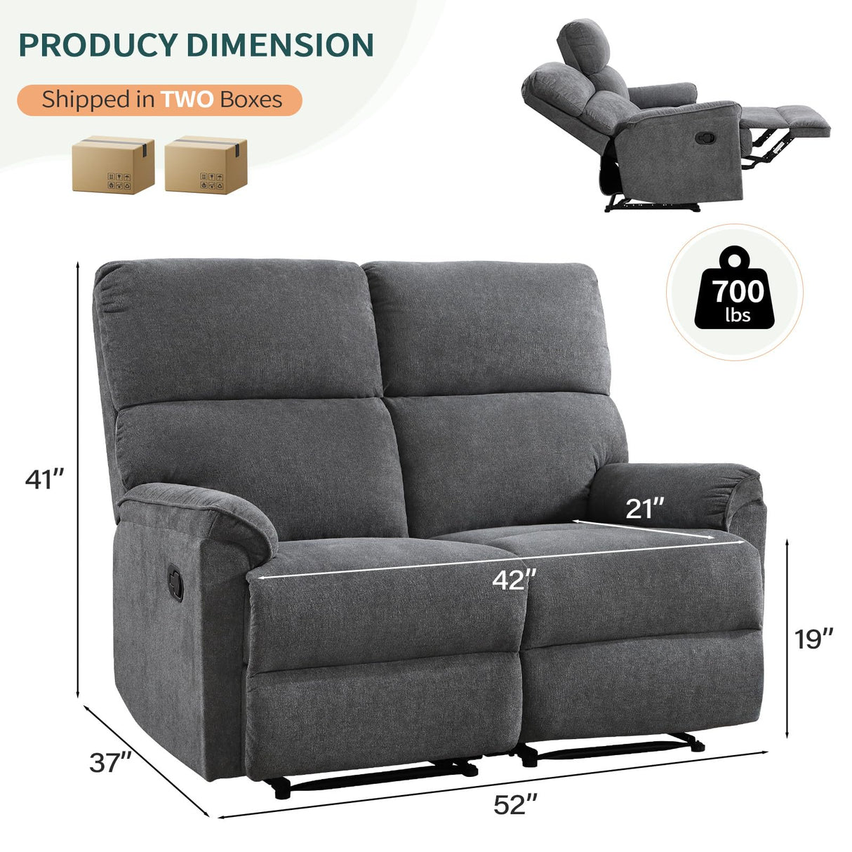 HAOMARKETS Manual Loveseat Recliner Sofa for 2 Adultds,Overstuffed Upholstered 2-Seater Reclining Couch with Sturdy Metal Base,2 Seats Recliner Chairs for Living Room HAOMARKETS