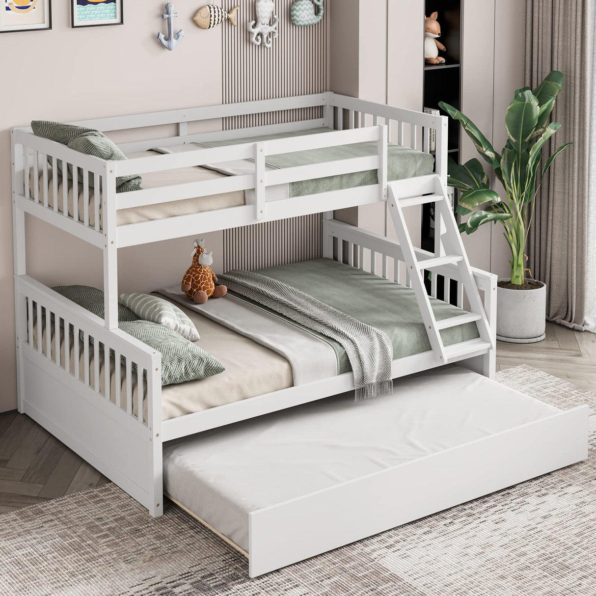 Giantex Twin Over Full Bunk Bed with Trundle, Convertible Platform Bed Frame with Ladder, Solid Wood Frame & Safety High Guardrails, Space-Saving Bunk Bed for Teens & Kids, No Box Spring Needed, White Giantex