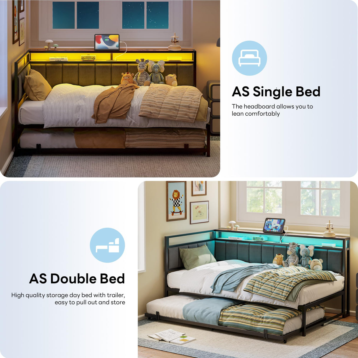 LIKIMIO Corner Twin Bed Frame with Trundle, Upholstered Storage Headboard & LED Lights, Twin Size Daybed with Charging Station, Sturdy Platform Metal Frame for Living Room, Bedroom, Guest Room, Gray LIKIMIO