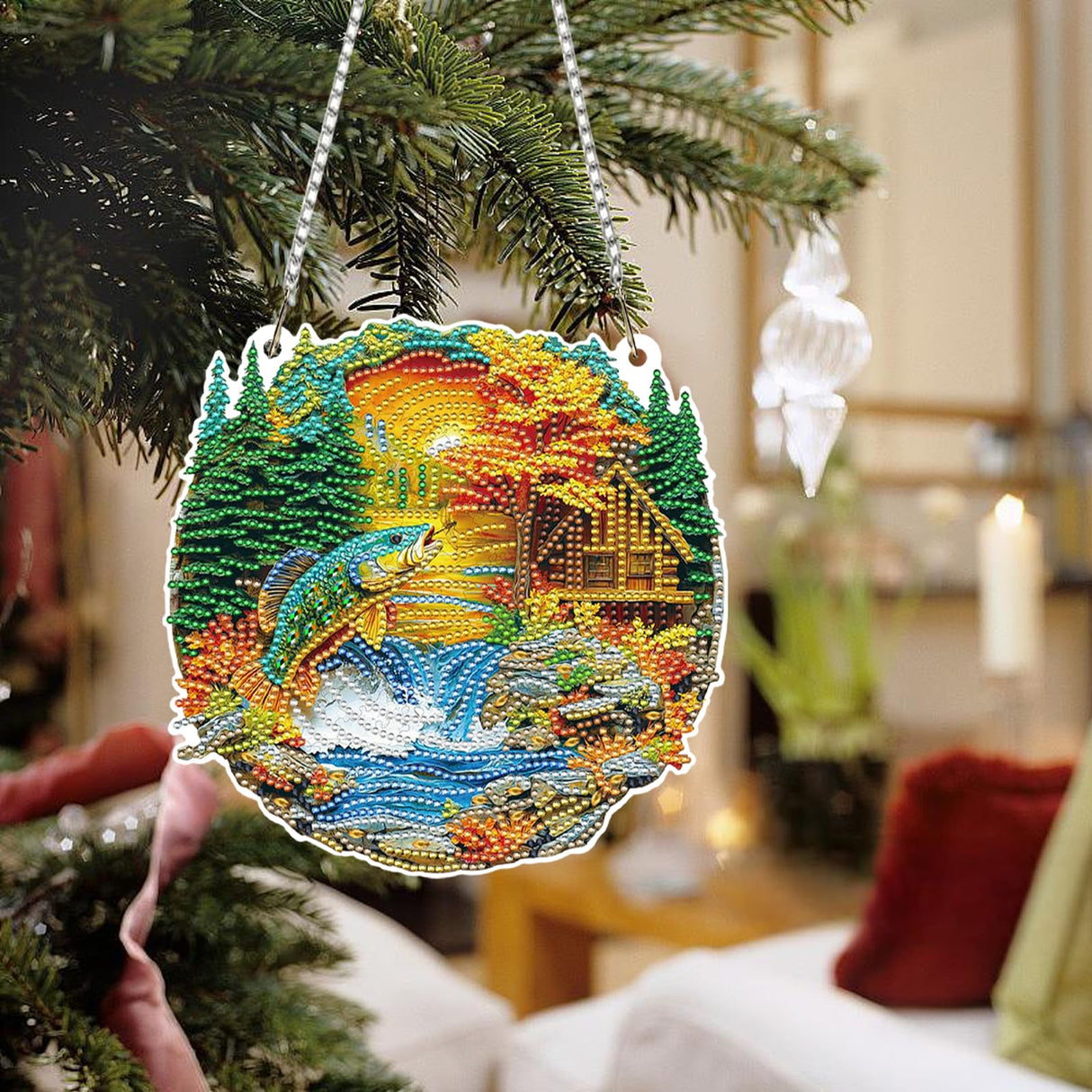 Auremi Landscape Diamond Art Hanging Kit for Adult, Special Shaped Rhinestone, DIY Acrylic 5D River Fish Diamond Painting Window Pendants Signs, Home Garden Wall Hanging Ornament Auremi