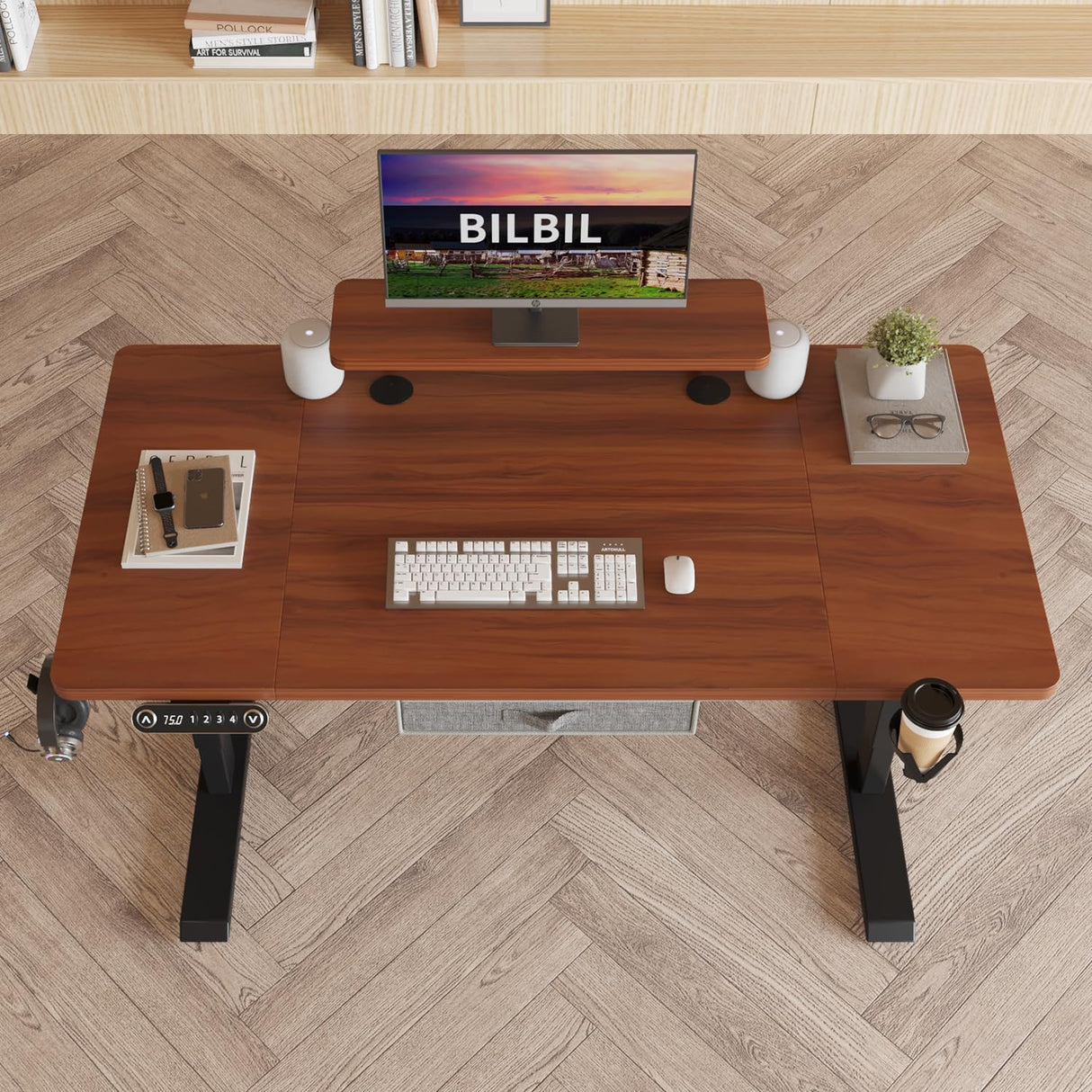 bilbil Electric Standing Desk with Drawer, 55x30 Inches Adjustable Height Sit Stand Up Desk with Storage Shelf, Home Office Desk Computer Workstation with Dark Walnut Top/Black Frame bilbil